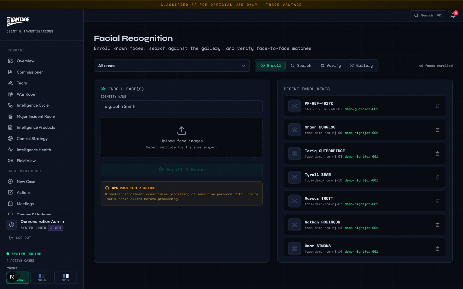 Trace Vantage facial recognition workflow (synthetic case data)