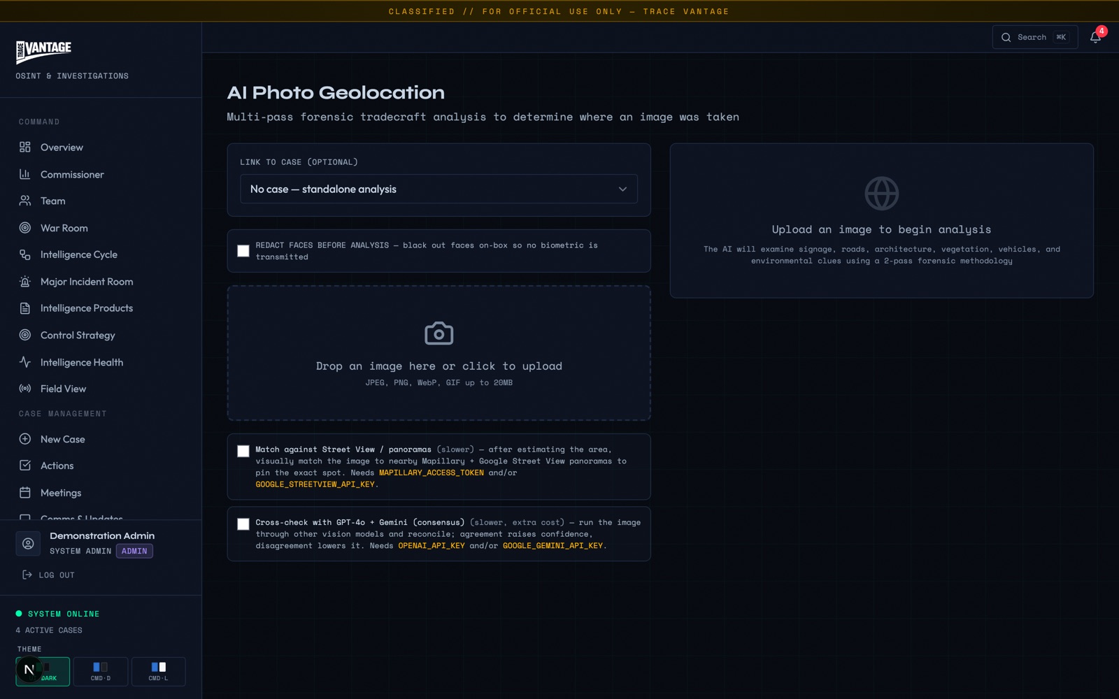 Trace Vantage AI geolocation tool (synthetic case data)